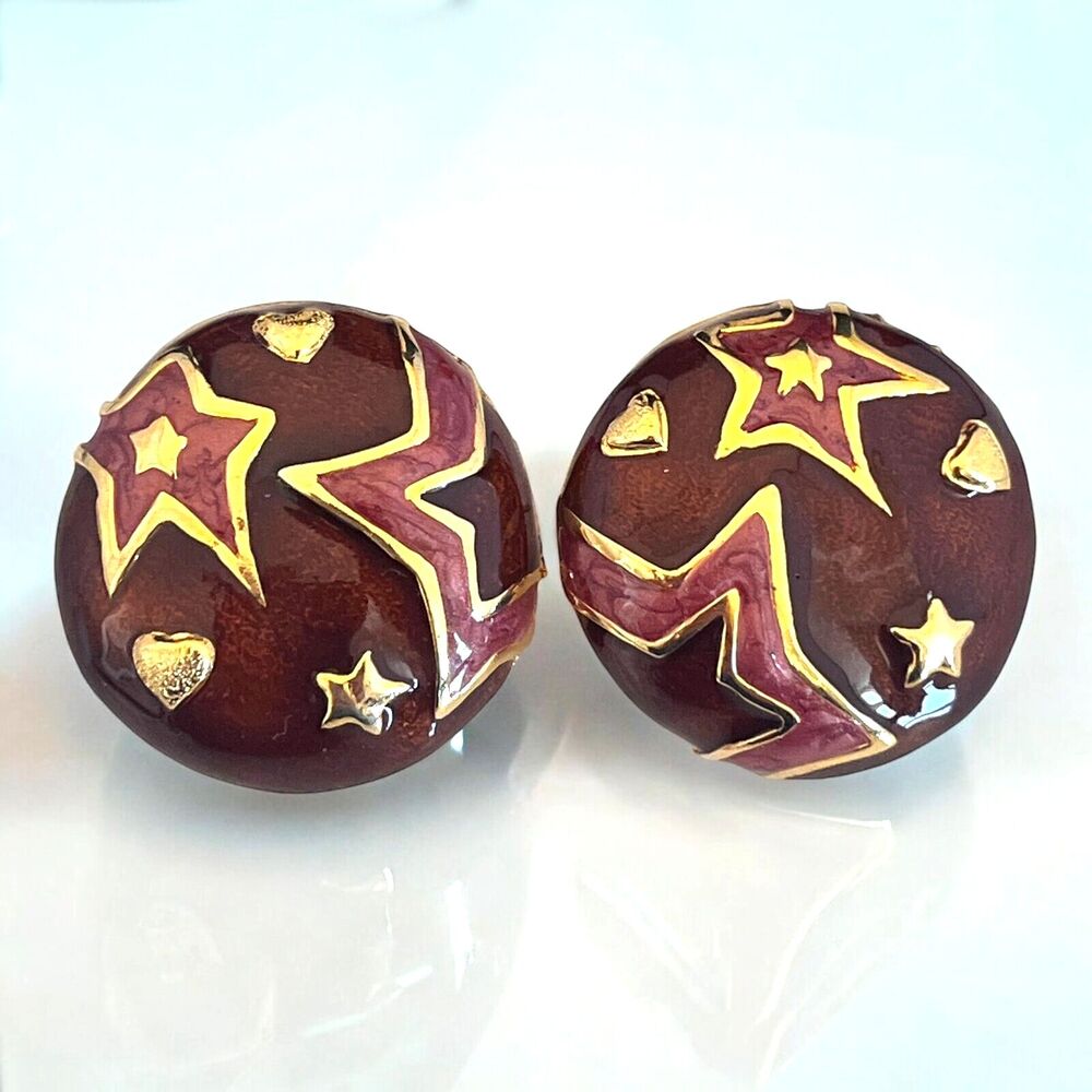 Vintage 1980s Enamel Star Heart Earrings Dome Gold Tone Pierced NOS - 9W